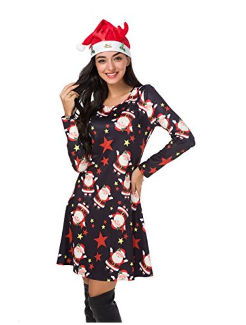 Atnlewhi Womens Christmas Dresses Long Sleeve Casual Cocktail Party A Line Xmas Midi Party Holiday Swing Dress