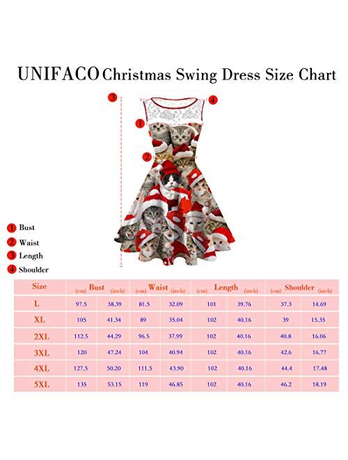 UNIFACO Women's Plus Size Christmas Daily Dresses Sleeveless Round Neck Print Flared Cocktail Party Dress with Lace
