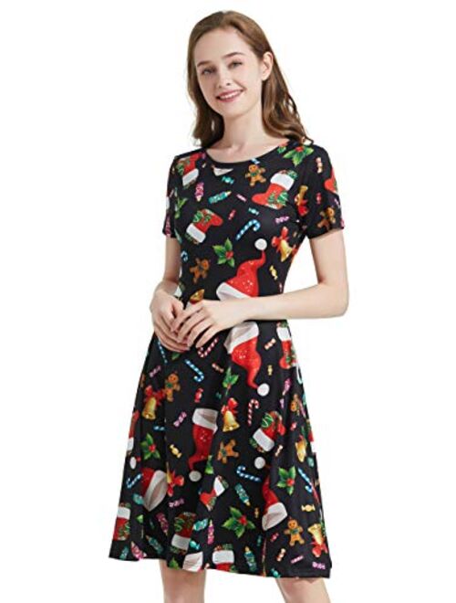 Daisysboutique Womens Christmas Round Neck Casual Midi A Line Vintage Swing Dress