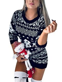 Springcmy Women Christmas Sweater Dress Reindeer Snowflake Knit Long Sleeve Round Neck Pullover Dress