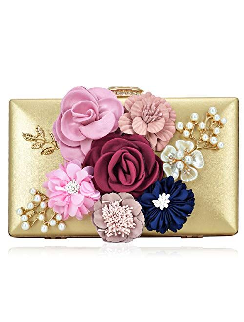 DASEIN Women Flower Clutch Handbag Evening Bag Prom Party Wedding Cocktail Clutch Purse with Pearl Beaded
