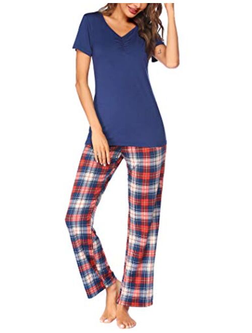 Hotouch Pajama Sets for Women V Neck Pjs Sleepwear Short Sleeve Tops with Long Sleep Pants Loungwear S-XXL