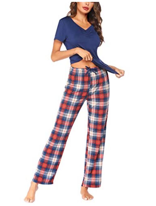Hotouch Pajama Sets for Women V Neck Pjs Sleepwear Short Sleeve Tops with Long Sleep Pants Loungwear S-XXL