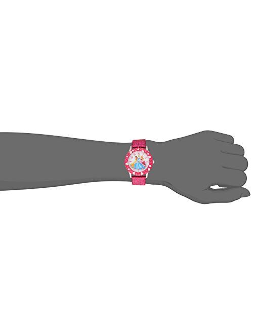 Disney Kids' W001801 Princess Stainless Steel Watch with Pink Glitter Faux Leather Band
