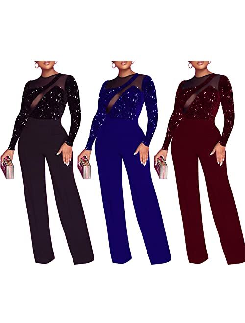 Sprifloral Women Sexy Wide Leg Jumpsuit Romper - Long Sleeve Sequin Mesh High Waisted Pants 1 Piece Outfits