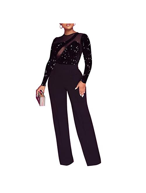 Sprifloral Women Sexy Wide Leg Jumpsuit Romper - Long Sleeve Sequin Mesh High Waisted Pants 1 Piece Outfits