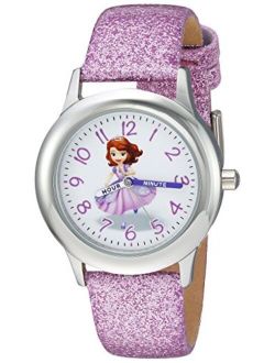 Girls Princess Sofia Stainless Steel Analog-Quartz Watch with Leather-Synthetic Strap, Purple, 15 (Model: WDS000269)