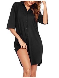 Women's Nightgown Button Down Sleepshirt 3/4 Sleeve Notch Collar Nightshirt Soft Sleepwear S-XXL