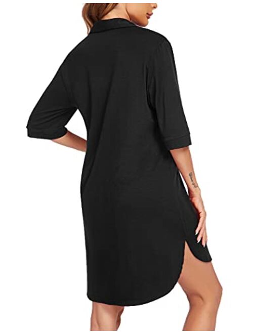 Hotouch Women's Nightgown Button Down Sleepshirt 3/4 Sleeve Notch Collar Nightshirt Soft Sleepwear S-XXL