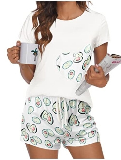 Womens Pajamas Set Short Sleeve Top with Sleep Shorts 2 piece Sleepwear Heart Print Pj Sets Comfy Loungewear S-XXL