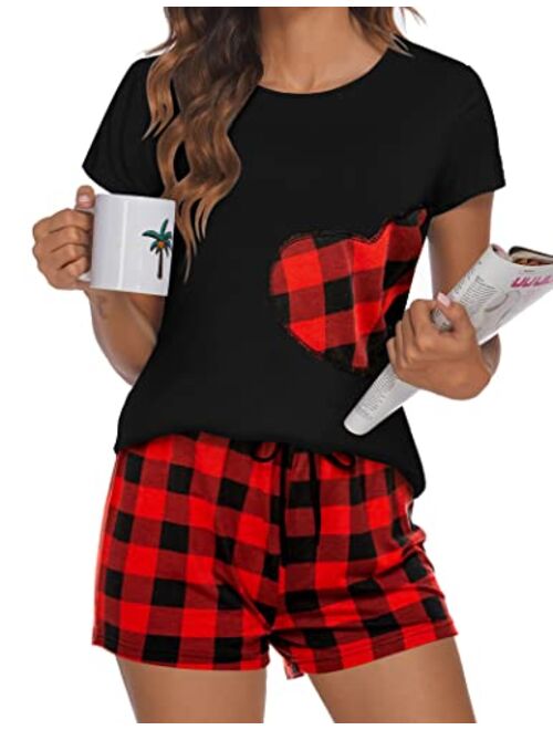 Hotouch Womens Pajamas Set Short Sleeve Top with Sleep Shorts 2 piece Sleepwear Heart Print Pj Sets Comfy Loungewear S-XXL
