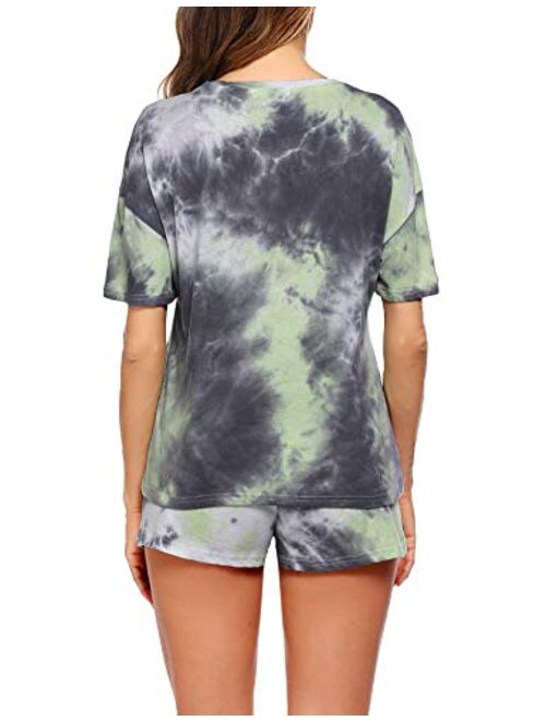 Hotouch Womens Tie Dye Printed Pajamas Set Cotton Lounge Sets Short Sleeve Tops and Shorts 2 Piece Sleepwear Pj Sets