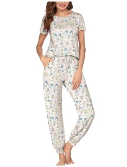 Womens Pajamas Set Short Sleeve Cute Printed Tops and Pants 2 Piece PJ Sets Joggers Loungewear Sleepwear with Pockets