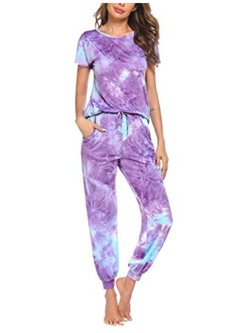 Hotouch Womens Pajamas Set Short Sleeve Cute Printed Tops and Pants 2 Piece PJ Sets Joggers Loungewear Sleepwear with Pockets