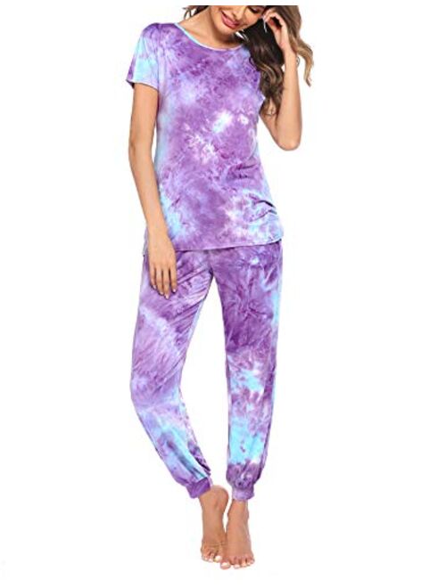 Hotouch Womens Pajamas Set Short Sleeve Cute Printed Tops and Pants 2 Piece PJ Sets Joggers Loungewear Sleepwear with Pockets