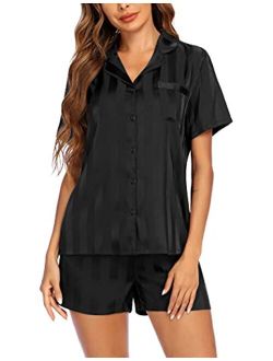 Silk Short Sleeve Pajama Set Satin Button Down Pj Sets Women Two Piece Sleepwear
