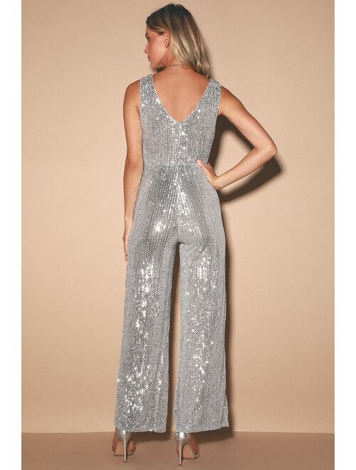 Lulus Tell Me More Silver Sequin Sleeveless Wide-Leg Jumpsuit