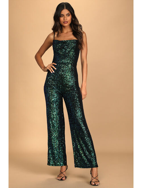 Lulus Dancing to the Music Green Iridescent Sequin Wide-Leg Jumpsuit
