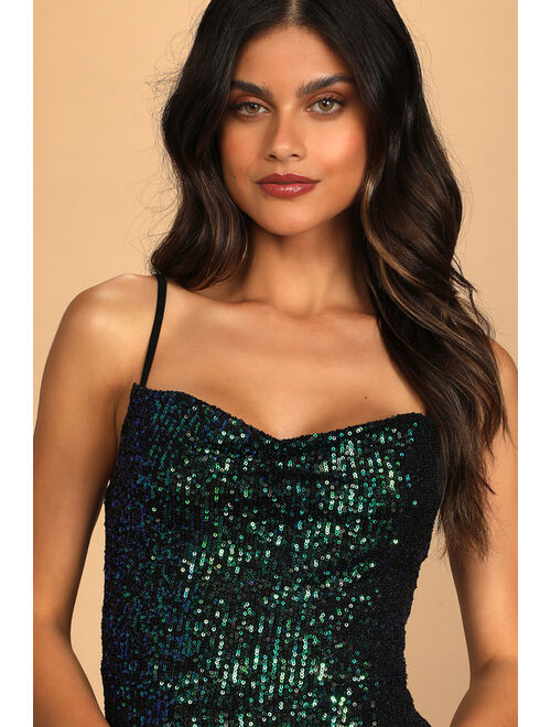 Lulus Dancing to the Music Green Iridescent Sequin Wide-Leg Jumpsuit