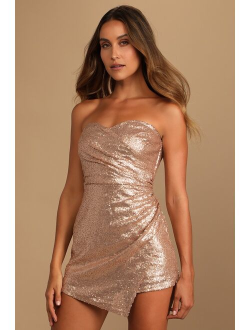 Lulus Dancefloor Diva Rose Gold Sequin Strapless Skort Romper