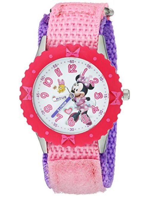 DISNEY Girls Minnie Mouse Stainless Steel Analog-Quartz Watch with Nylon Strap, Pink, 16 (Model: WDS000161)