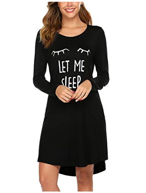Hotouch Sleepwear Womens Night Shirts Long Sleeve Cute Print Nightgowns Soft Knee Length Sleepshirts S-XXL