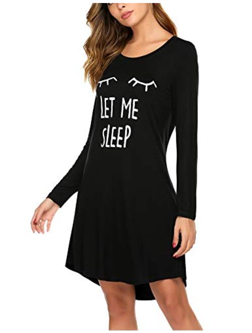 Hotouch Sleepwear Womens Night Shirts Long Sleeve Cute Print Nightgowns Soft Knee Length Sleepshirts S-XXL
