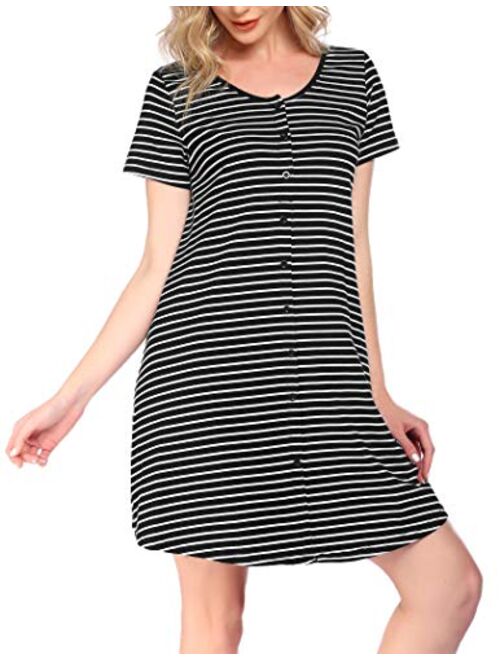 Hotouch Button Down Nightgowns for Women Cotton Striped Sleepwear Comfy Pajama Dress