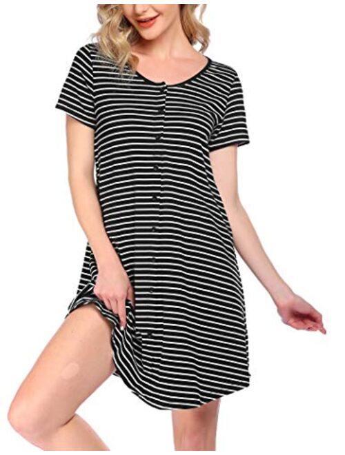 Hotouch Button Down Nightgowns for Women Cotton Striped Sleepwear Comfy Pajama Dress