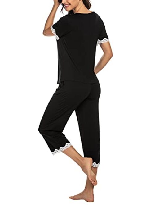 Hotouch Women's Pajamas Set Lace Short Sleeve Sleepwear Pjs Capri Pants Sets S-XXL