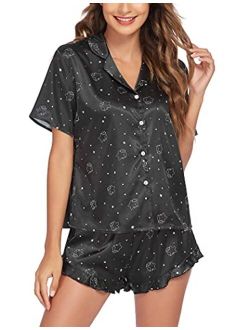 Pajama Set For Women Satin Silk Button Up Short Sleeve Notch Collar Soft Pj Lounge Sets Sleepwear With Ruffle Trim