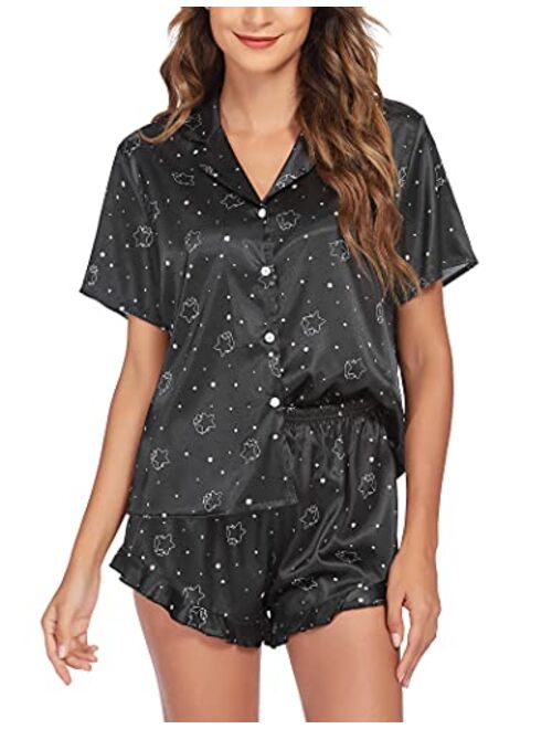 Hotouch Pajama Set For Women Satin Silk Button Up Short Sleeve Notch Collar Soft Pj Lounge Sets Sleepwear With Ruffle Trim