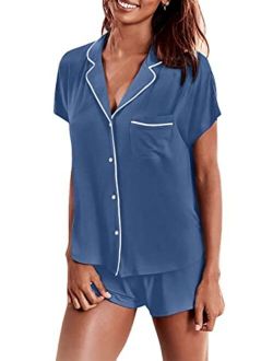 Women's Modal Short Pajama Set Short Sleeve Sleepwear Button Down Nightwear Soft Pj Lounge Sets S-XXL