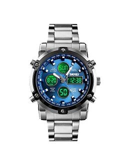 Mens Wrist Watch, Waterproof Military Analog Digital Watches with LED Multi Time Chronograph, Stainless Steel Business Watches for Men