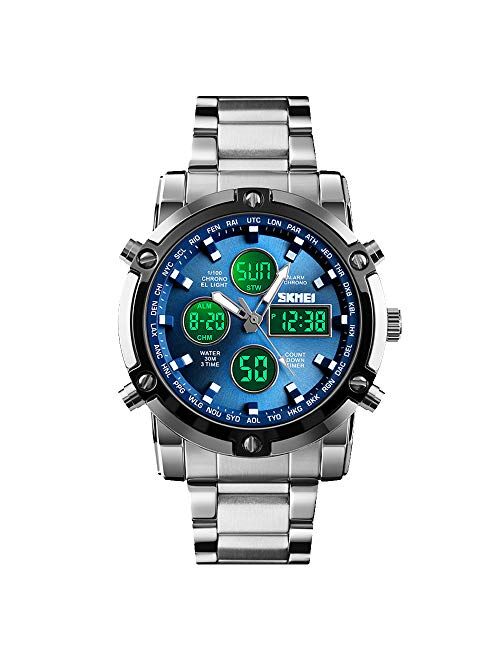 SKMEI Mens Wrist Watch, Waterproof Military Analog Digital Watches with LED Multi Time Chronograph, Stainless Steel Business Watches for Men