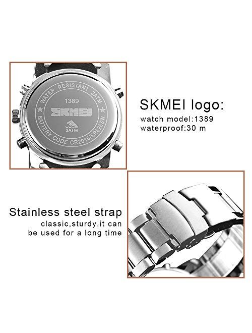 SKMEI Mens Wrist Watch, Waterproof Military Analog Digital Watches with LED Multi Time Chronograph, Stainless Steel Business Watches for Men