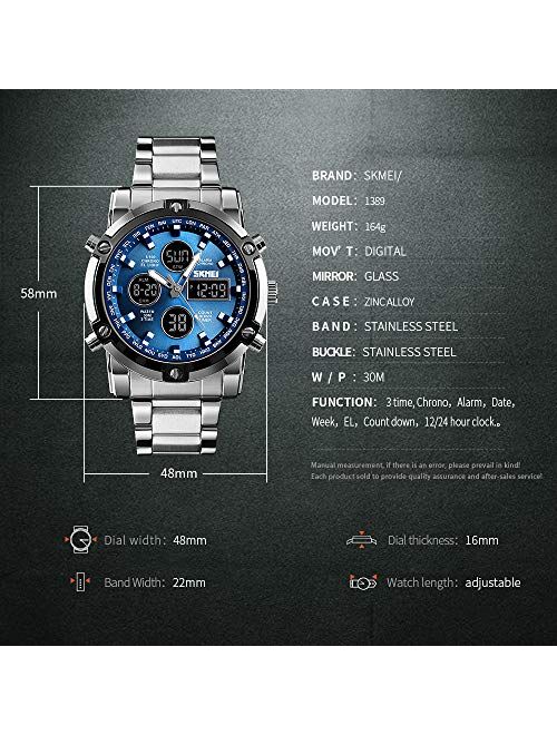 SKMEI Mens Wrist Watch, Waterproof Military Analog Digital Watches with LED Multi Time Chronograph, Stainless Steel Business Watches for Men