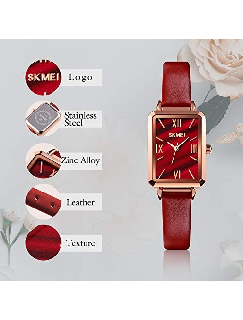 SKMEI Women Watch, Leather Elegant Rectangle Wrist Watch for Lady Girls, Analog Quartz Waterproof Watches for Women