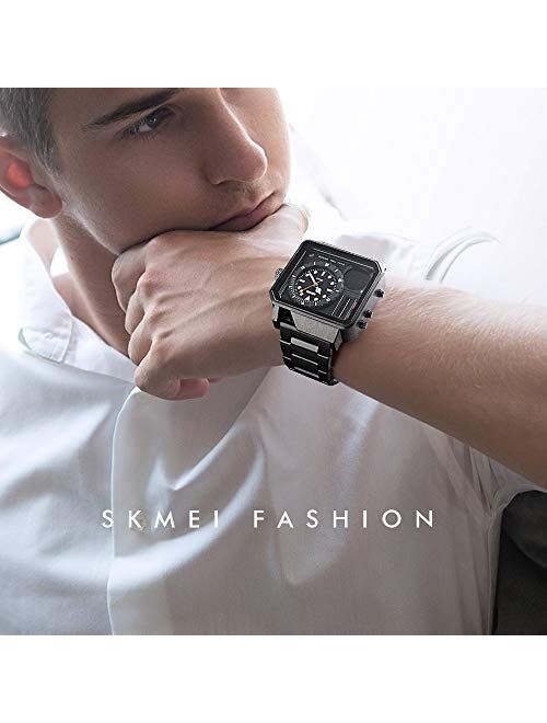 SKMEI Men's Digital Sports Watch, LED Square Large Face Analog Quartz Wrist Watch with Multi-Time Zone Waterproof Stopwatch