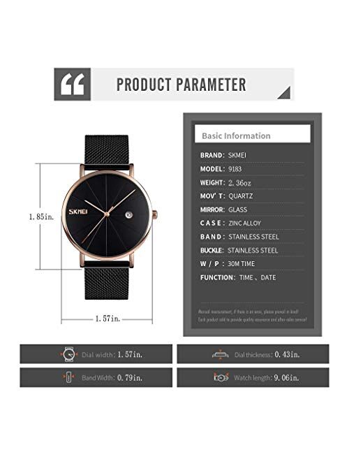 SKMEI Minimalist Watches for Men Simple Fashion Casual Ultra Thin Analog Quartz Stainless Steel Mesh Band Waterproof Wristwatches Gift