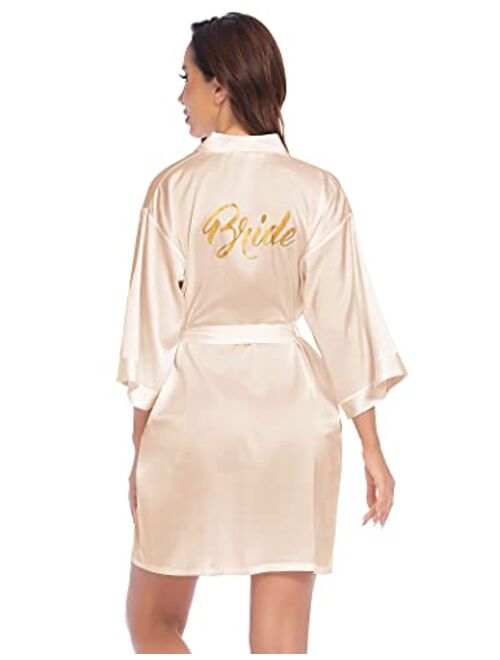 Hotouch Women's Satin Kimono Robe 3/4 Sleeve Silk Bathrobe Bride Wedding Party Robes Gold Glitter Sleepwear