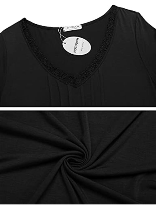 Hotouch Womens Nightgown Short Sleeve Sleepwear Pleated Sleepshirt Comfy Lace Trim Scoopneck Nightshirt S-XXL