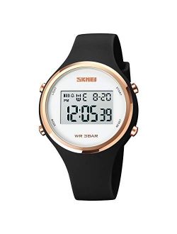 Woman's Digital Watches Sports,Simple Wrist Watches for Lady LED Backlight with Silicone Band