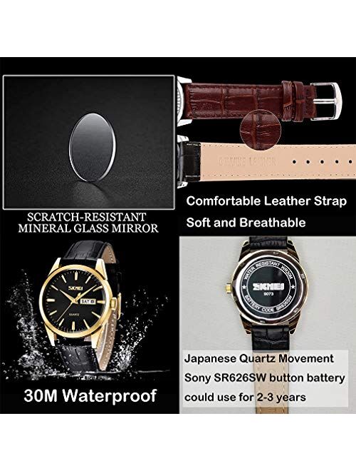 Watch for Men Business Dress Classic Fashion Casual Black Leather Quartz Analog Waterproof Calendar Date Light Simple Wrist Watches Dad Fathers Gifts SKMEI