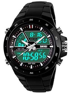 Men's Digital Watch 50M Waterproof Large Dual Dial Multifunction Analog Military Outdoor Sports Electronic Watch Calendar Day Date (Black)