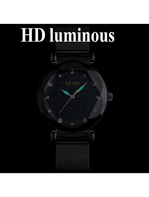 SKMEI Lady Watches for Women Waterproof Casual Fashion Dress Japanese Quartz Movement Luminous Mesh Stainless Steel Wristwatch Gifts Rose Gold Black Blue Dial