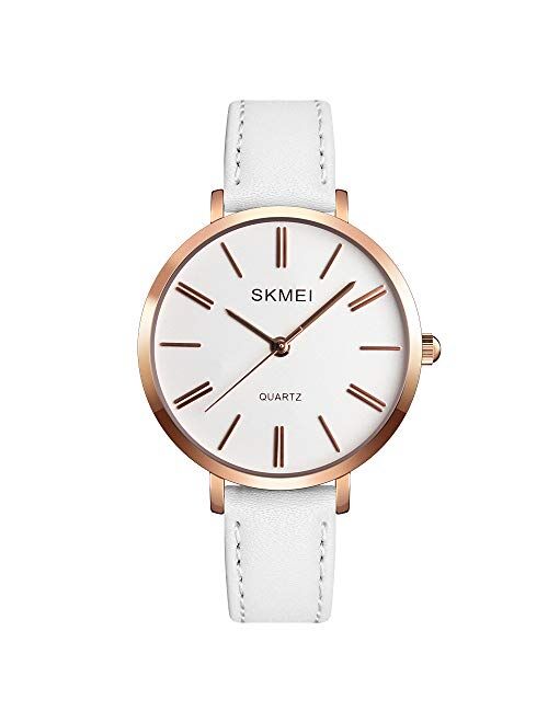 Women's Watches for Ladies Female Light Leather Band Waterproof Thin Minimalist Fashion Casual Simple Quartz Analog Young Girls Gift White Wrist Watch SKMEI