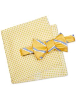 Men's Pre-Tied Preppy Stripe Bow Tie & Silk Gingham Pocket Square Set