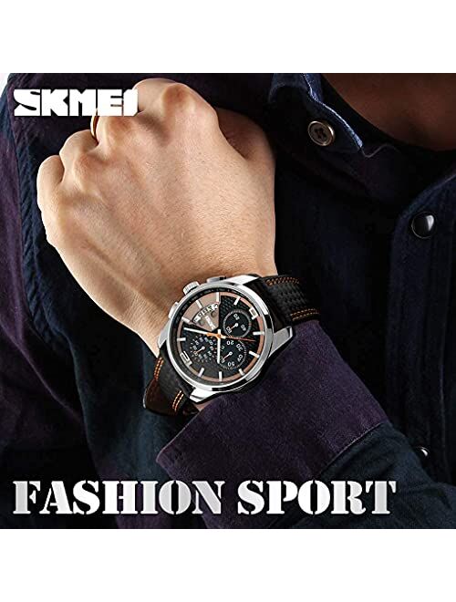 SKMEI Mens Chronograph Watches Black Leather Band Sports Waterproof Analog Quartz Luminous Wristwatch Father's Gifts