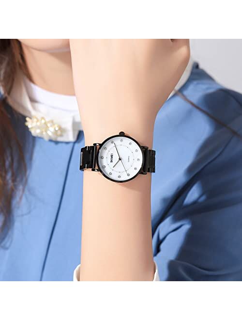 SKMEI Watches for Women Dress Fashion Luxury Business Diamond Casual Analog Quartz Waterproof Stainless Steel Ladies Female Wristwatches